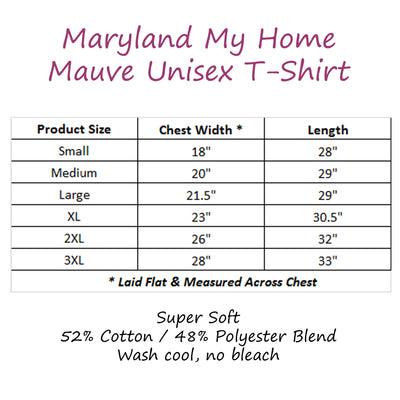 Maryland My Home Mauve T-Shirt Size Chart