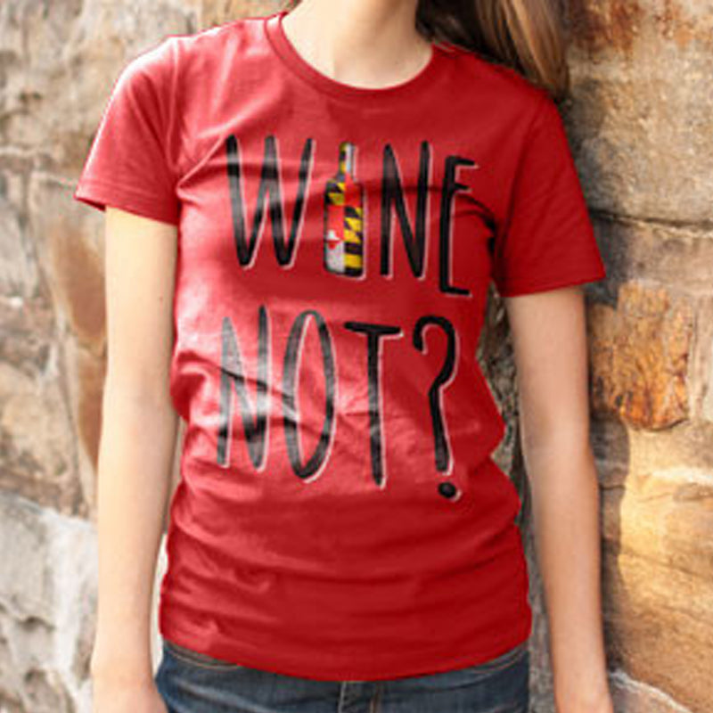 Wine Not? Maryland Flag Bottle Ladies T-Shirt Model
