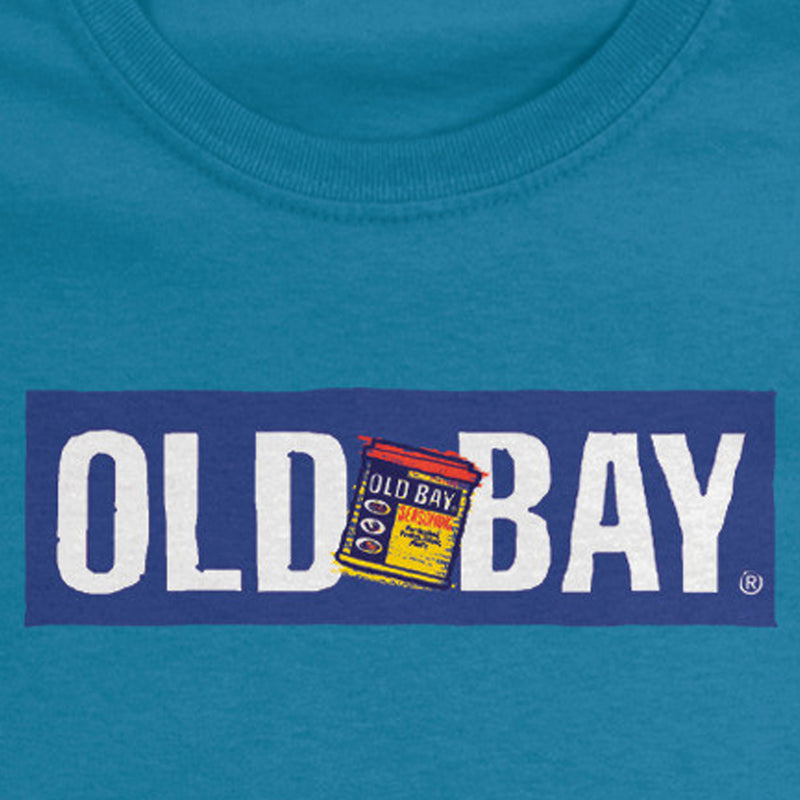 Old Bay Seasoning Distressed Can Ladies Blue T-Shirt Closeup