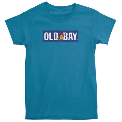 Old Bay Seasoning Distressed Can Ladies Blue T-Shirt Front