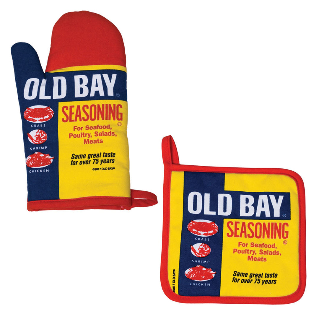 Old Bay Seasoning Can Potholder and Oven Mitt  Red Trim 