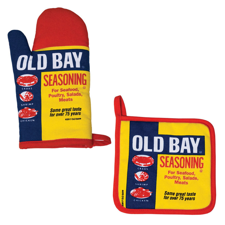 Old Bay Seasoning Can Potholder and Oven Mitt  Red Trim 