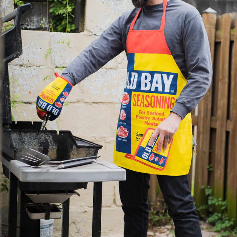 Old Bay Seasoning Can Apron, Potholder, and Oven Mitt Man Grilling