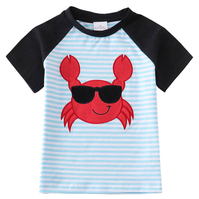 Red Crab Applique Blue Stripe Shirt