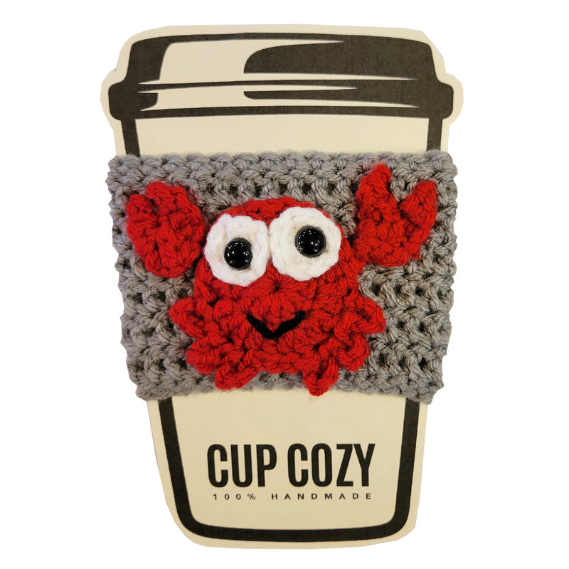 Red Crab Hand Knitted Cup Cozy - Gray Background