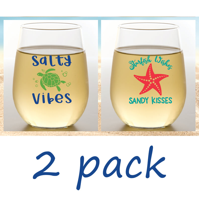 Shatterproof Stemless Wine Set of 2 - Salty Vibes (turtle) / Starfish Wishes Sandy Kisses