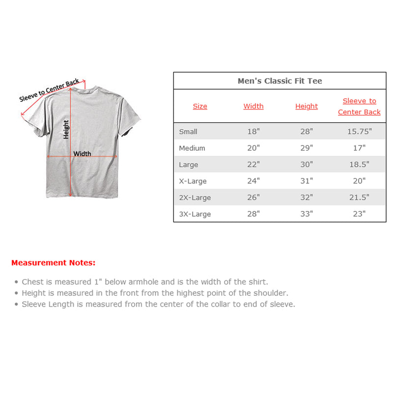Size Chart for Unisex T-Shirts