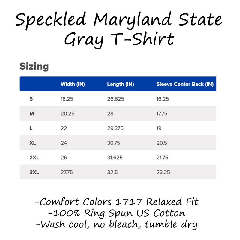 Speckled Maryland State Gray T-Shirt Size Chart