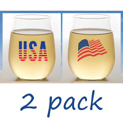 Shatterproof Stemless Wine Set of 2 - USA Flag Letters / USA Flag Waving