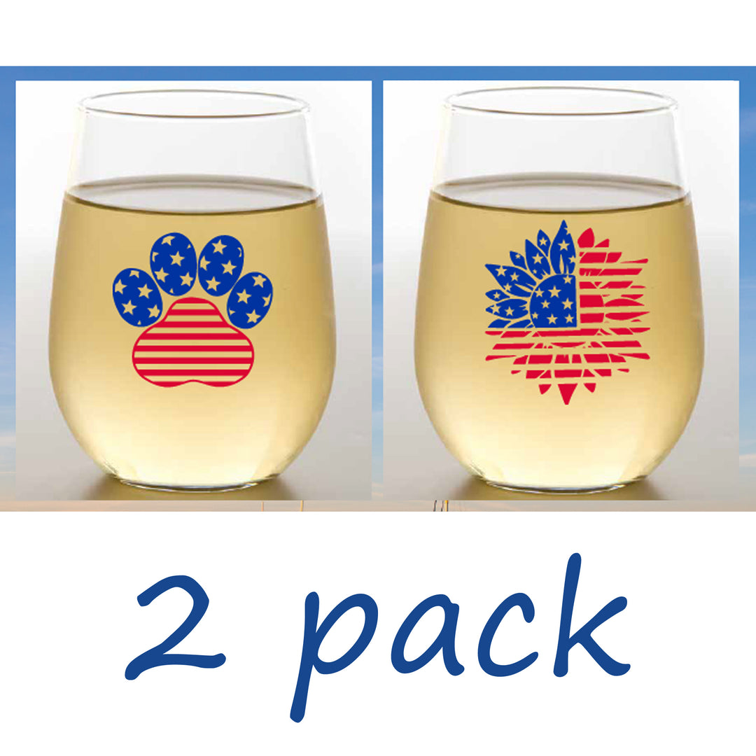 Shatterproof Stemless Wine Set of 2 - USA Flag Paw Print / USA Flag Flower