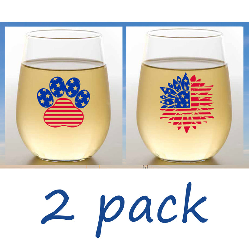 Shatterproof Stemless Wine Set of 2 - USA Flag Paw Print / USA Flag Flower