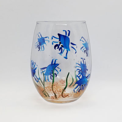 Crab Hand Painted Stemless Wine Glass - Blue
