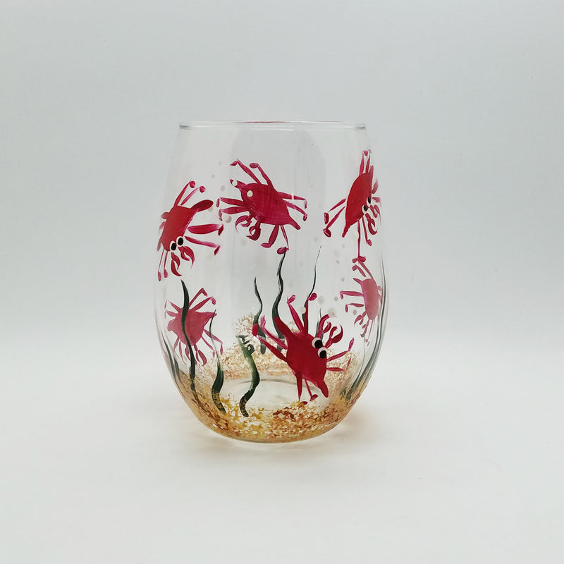 Crab Hand Painted Stemless Wine Glass - Red
